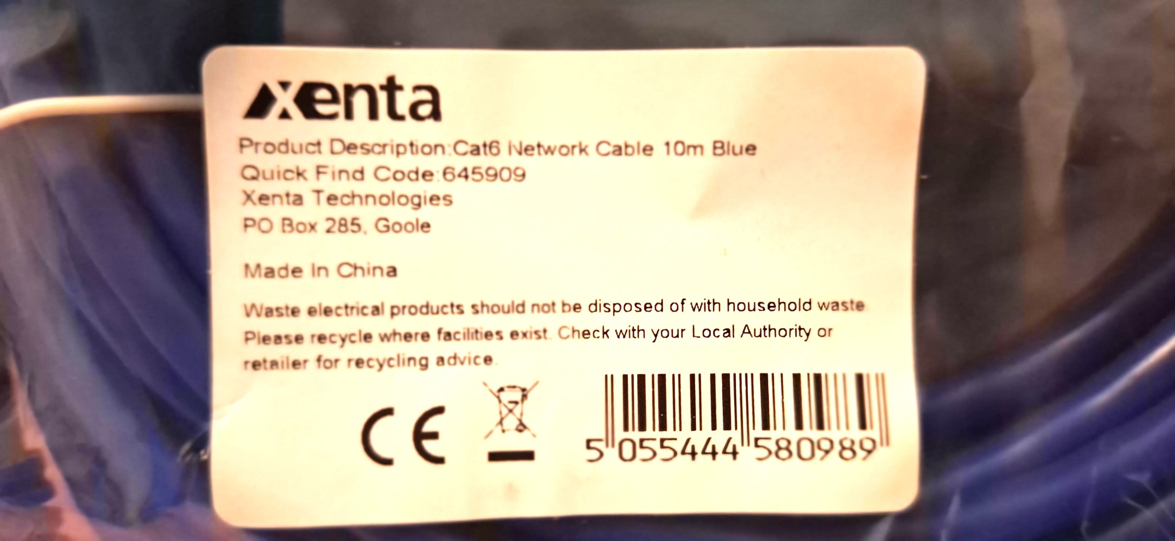 Xenta Cat6 Network Cable 10m Blue – RJ45 Socket – 5 Pack Wholesale Job Lot