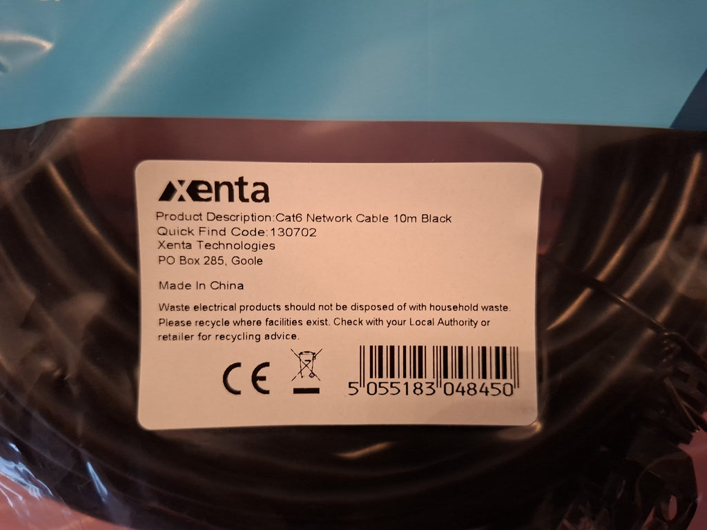 Xenta Cat6 Network Cable 10m Black – RJ45 Socket – 5 Pack Wholesale Job Lot
